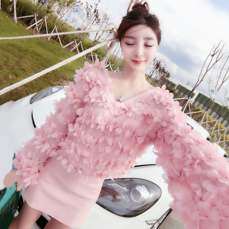 Sexy Petal V-Neck Long Sleeve Top