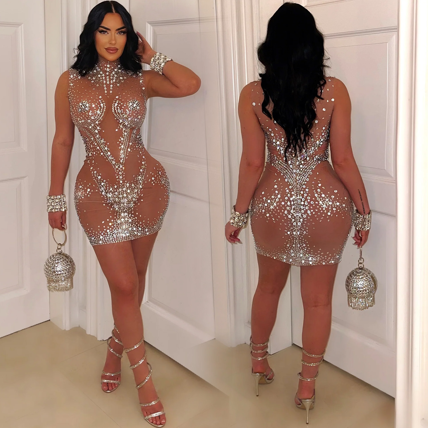 Laura Mesh Rhinestone Sleeveless Dress