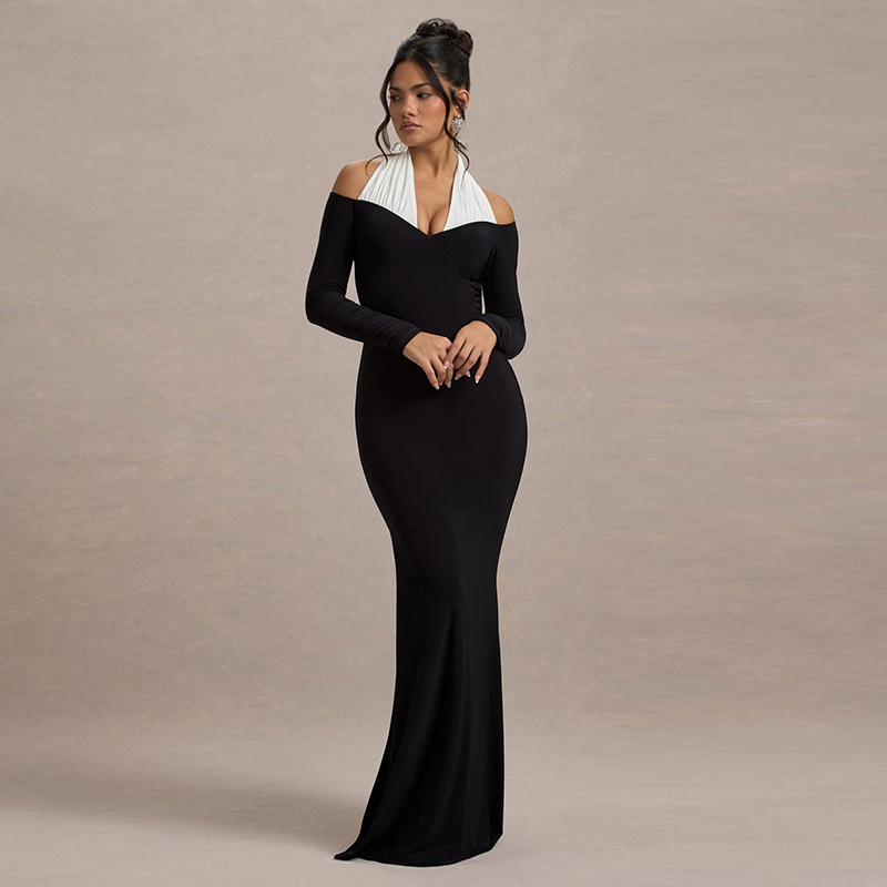25875211-6171-4dab-96aa-b1c758b39114.jpg Women's Contrast Color Halter Slim Fit Waist-slimming Long Dress
